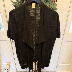 Minimalist Solid Black Open Knit Open Front Cardigan Short Sleeves 1X 16W